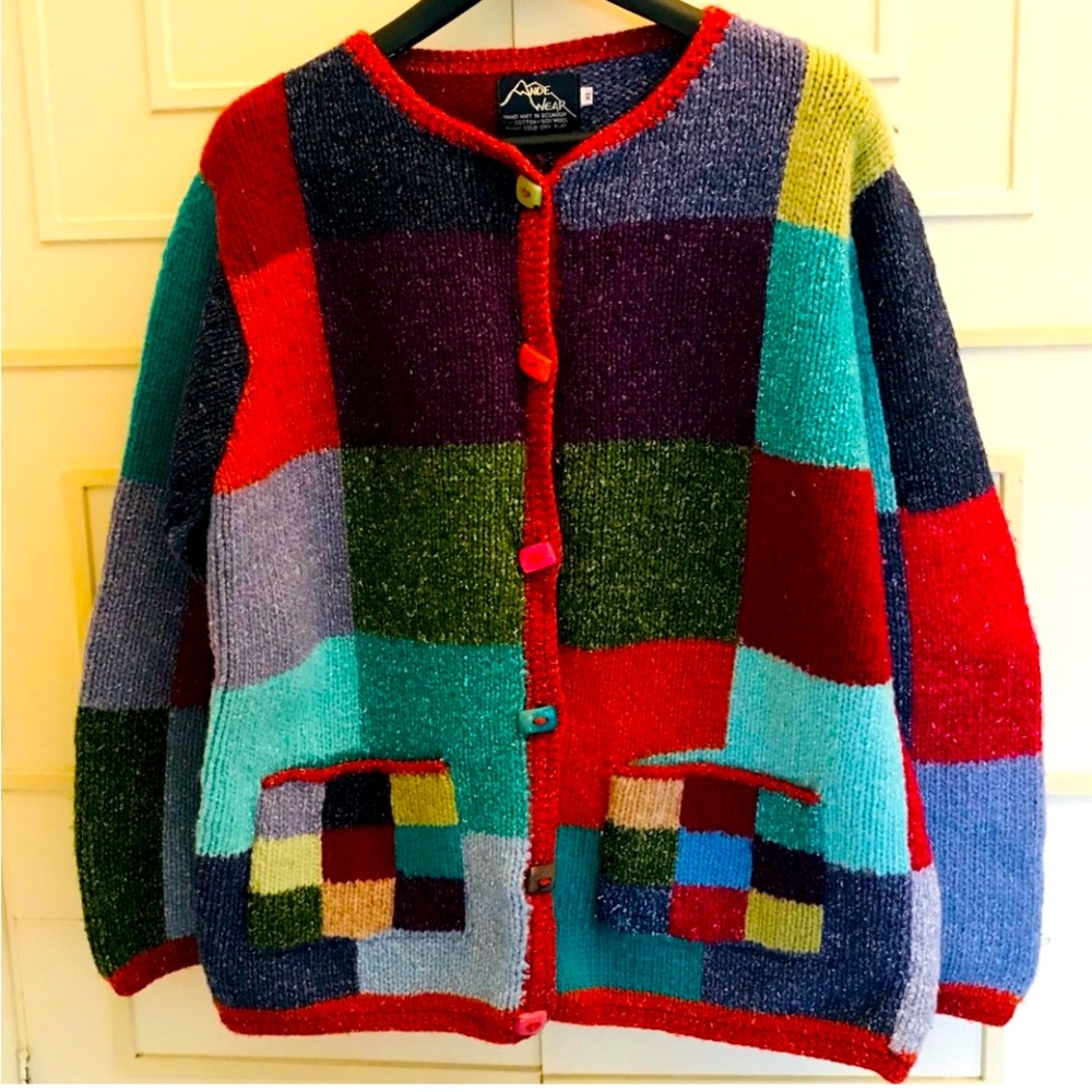 Ande Wear XL Women’s Colorblock Sweater, Button-up Thick, Hand Knit in Ecuador